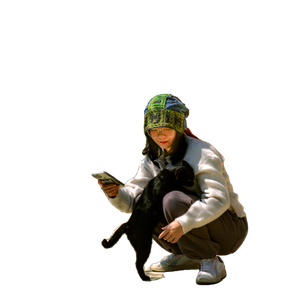 Young Woman With Smartphone And Cat, Wearing A Colorful Hat, Outdoors In Vietnam. 19597 - Cat PNG image with transparent background